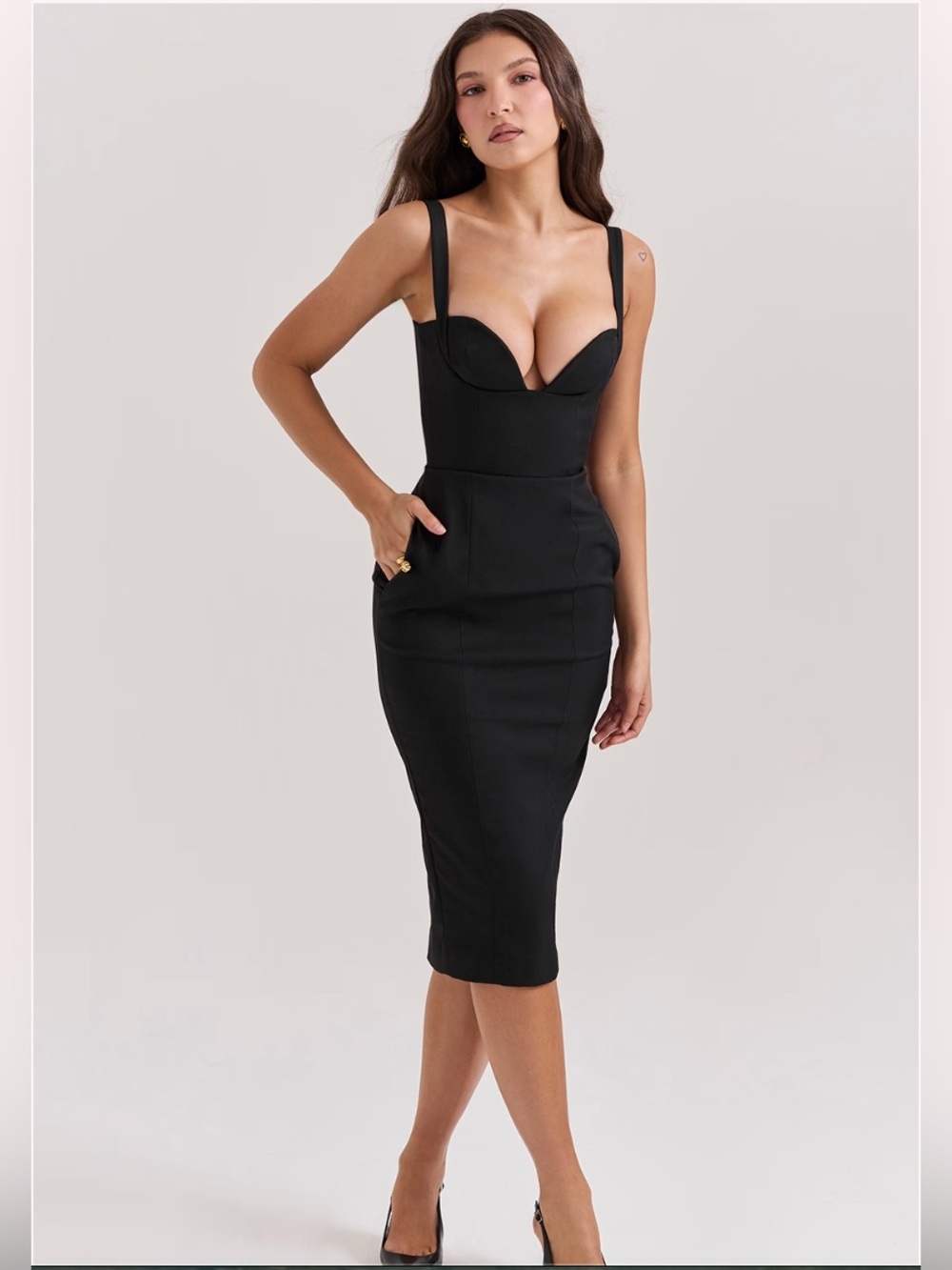 House of CB BELLISSIMA Black Sweetheart Midi Dress, Size S Bigger Cup, Like New